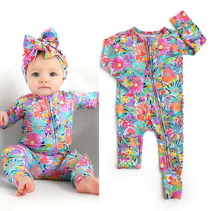 Megan Floral Ruffle Zip Floral Sleepies Little